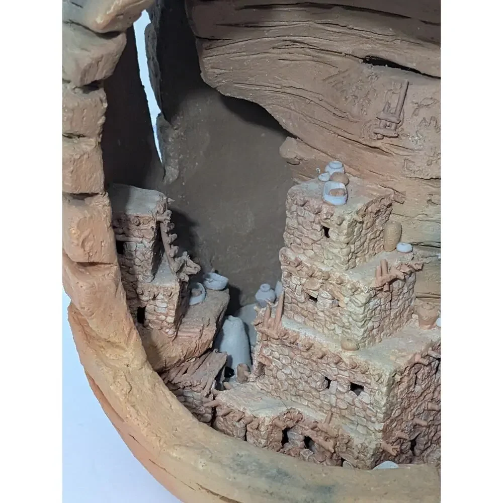 1992 Signed Clay Pueblo Pottery Diorama Southwestern Cave Village Sculpture Vase